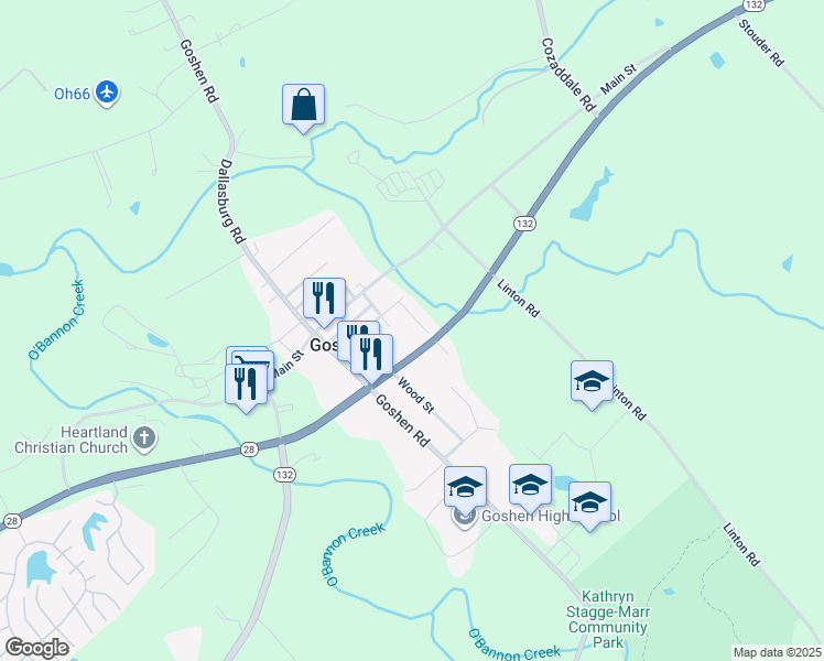 map of restaurants, bars, coffee shops, grocery stores, and more near 1887 Plum Street in Goshen