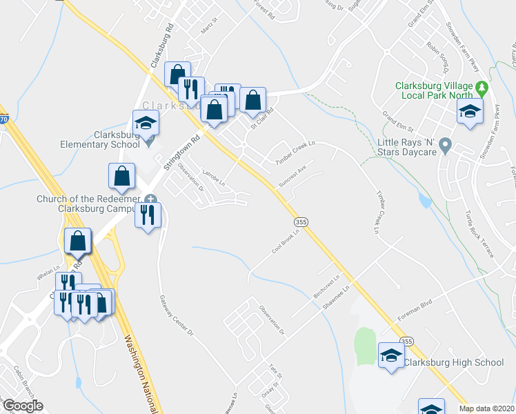 map of restaurants, bars, coffee shops, grocery stores, and more near 23024 Frederick Road in Clarksburg