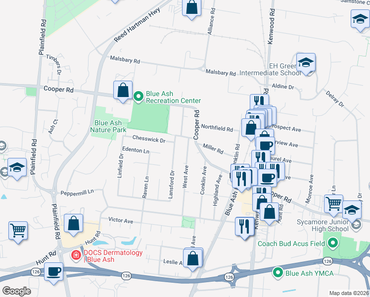 map of restaurants, bars, coffee shops, grocery stores, and more near 9678 Lansford Drive in Cincinnati