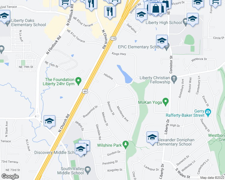 map of restaurants, bars, coffee shops, grocery stores, and more near 209 Belmont Street in Liberty
