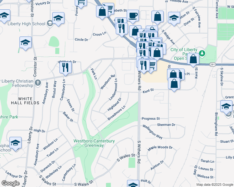 map of restaurants, bars, coffee shops, grocery stores, and more near 1224 Owens Drive in Liberty