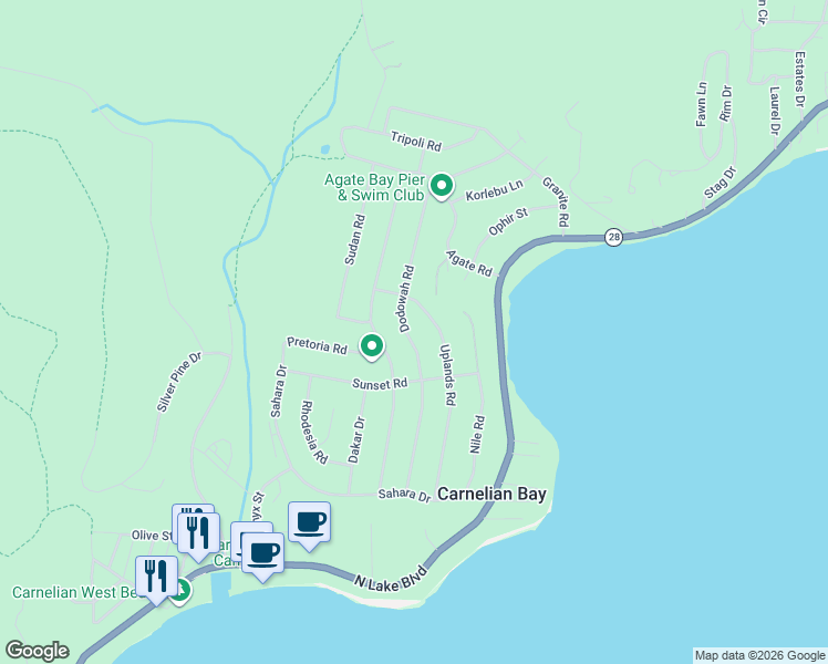 map of restaurants, bars, coffee shops, grocery stores, and more near 5749 Uplands Road in Carnelian Bay
