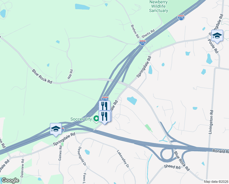 map of restaurants, bars, coffee shops, grocery stores, and more near 5658 Springdale Road in Cincinnati