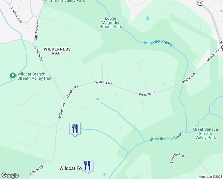 map of restaurants, bars, coffee shops, grocery stores, and more near 9600 Watkins Road in Gaithersburg