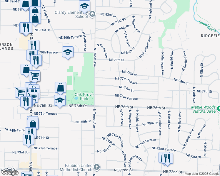 map of restaurants, bars, coffee shops, grocery stores, and more near 1207 Northeast 77th Street in Kansas City