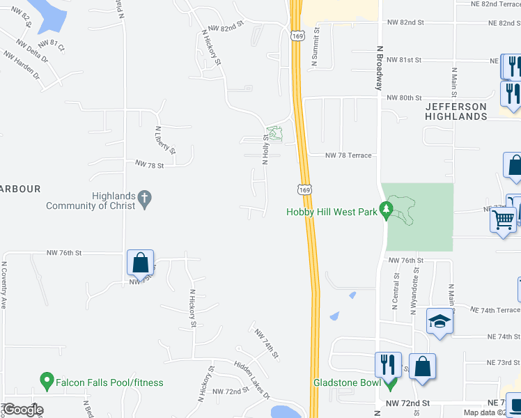 map of restaurants, bars, coffee shops, grocery stores, and more near 1224 Northwest 77th Street in Kansas City