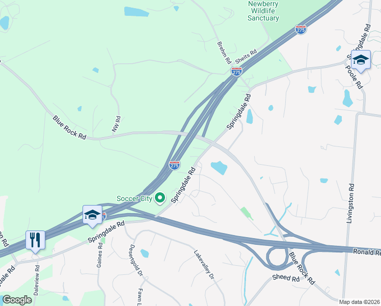 map of restaurants, bars, coffee shops, grocery stores, and more near 5658 Springdale Road in Cincinnati