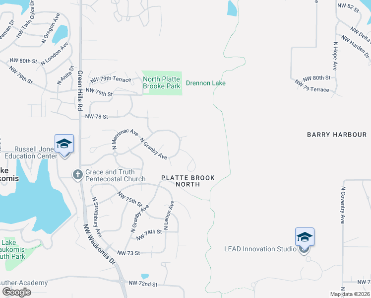 map of restaurants, bars, coffee shops, grocery stores, and more near 7608 North Granby Avenue in Kansas City