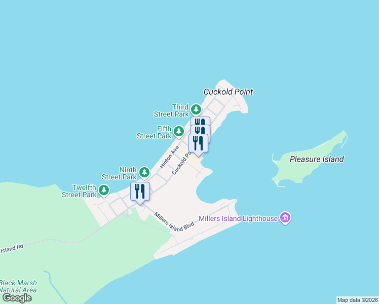map of restaurants, bars, coffee shops, grocery stores, and more near 9024 Cuckold Point Road in Sparrows Point