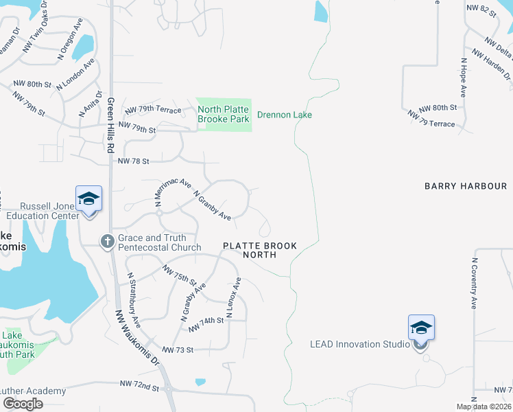 map of restaurants, bars, coffee shops, grocery stores, and more near 7608 North Granby Avenue in Kansas City