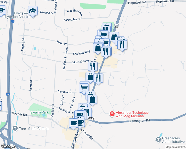 map of restaurants, bars, coffee shops, grocery stores, and more near 9797 Montgomery Road in Montgomery
