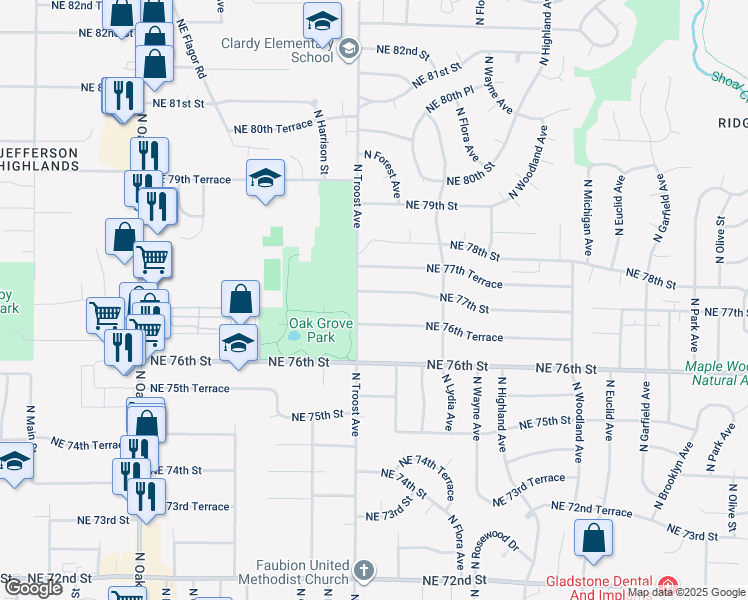 map of restaurants, bars, coffee shops, grocery stores, and more near 1105 Northeast 77th Street in Kansas City