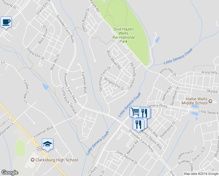 map of restaurants, bars, coffee shops, grocery stores, and more near 12103 Pond Pine Drive in Clarksburg