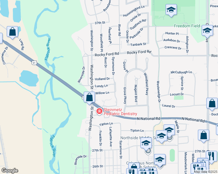 map of restaurants, bars, coffee shops, grocery stores, and more near 721 Lundy Lane in Columbus
