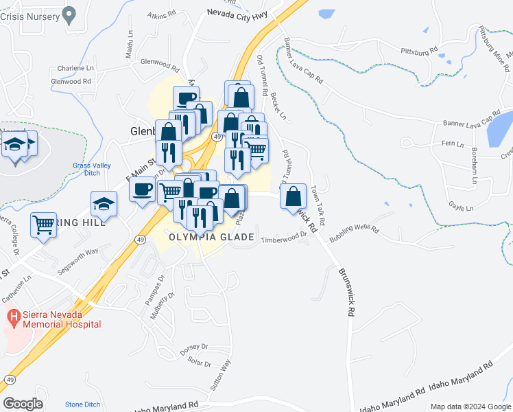 map of restaurants, bars, coffee shops, grocery stores, and more near 375 Brunswick Road in Grass Valley