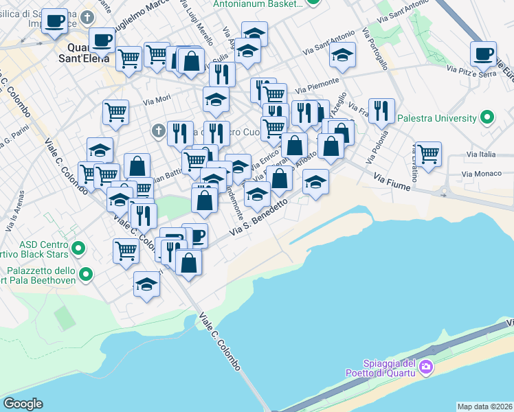 map of restaurants, bars, coffee shops, grocery stores, and more near Via Machiavelli Niccolò in Quartu Sant'Elena