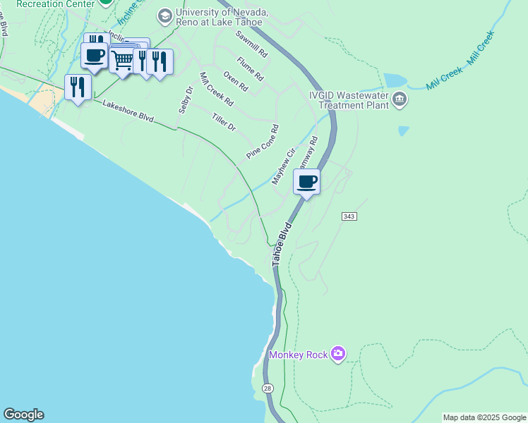 map of restaurants, bars, coffee shops, grocery stores, and more near 1132 Lakeshore Boulevard in Incline Village