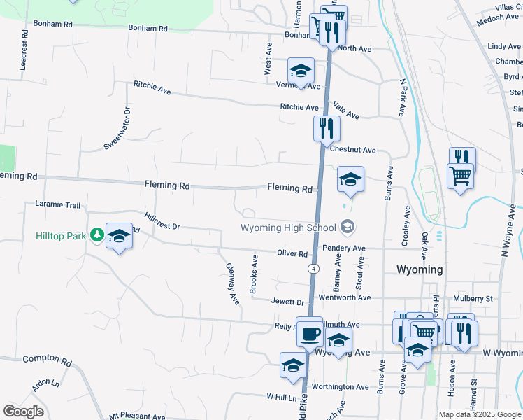 map of restaurants, bars, coffee shops, grocery stores, and more near 80 Central Terrace in Cincinnati
