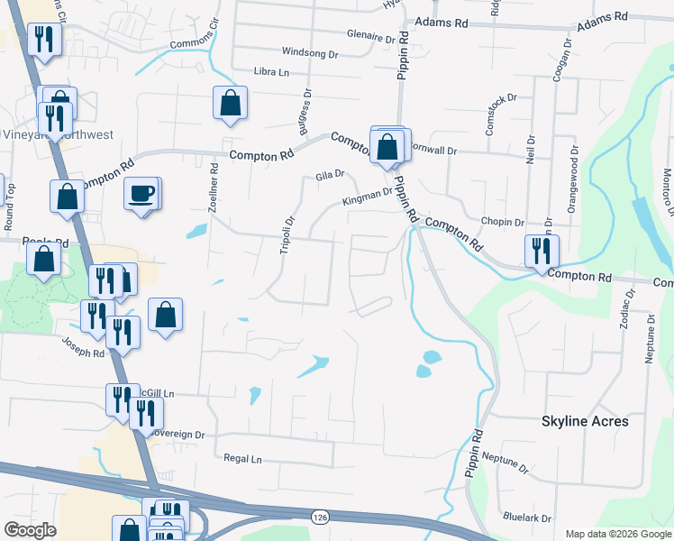 map of restaurants, bars, coffee shops, grocery stores, and more near 2999 Montezuma Drive in Cincinnati