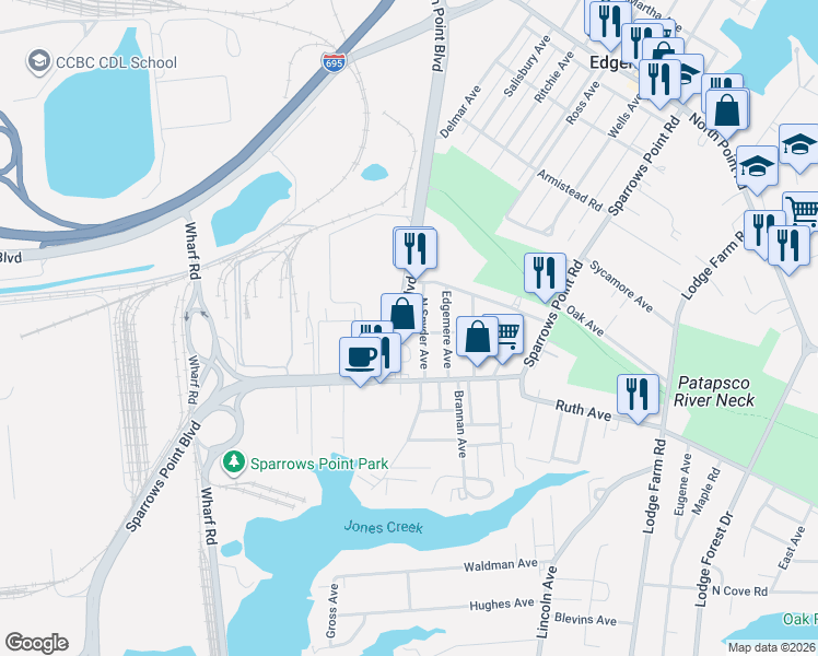 map of restaurants, bars, coffee shops, grocery stores, and more near 5220 Sparrows Point Road in Sparrows Point