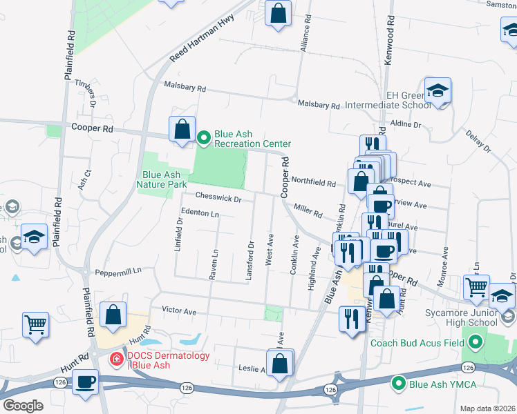 map of restaurants, bars, coffee shops, grocery stores, and more near 9678 Lansford Drive in Cincinnati