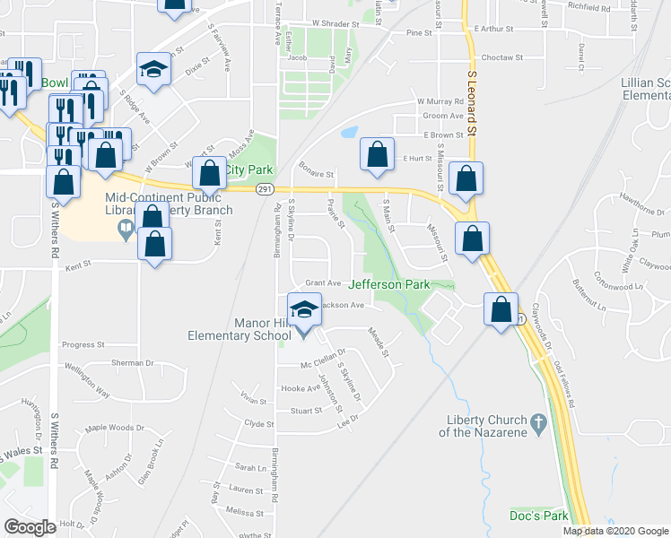 map of restaurants, bars, coffee shops, grocery stores, and more near 1109 South Morse Avenue in Liberty