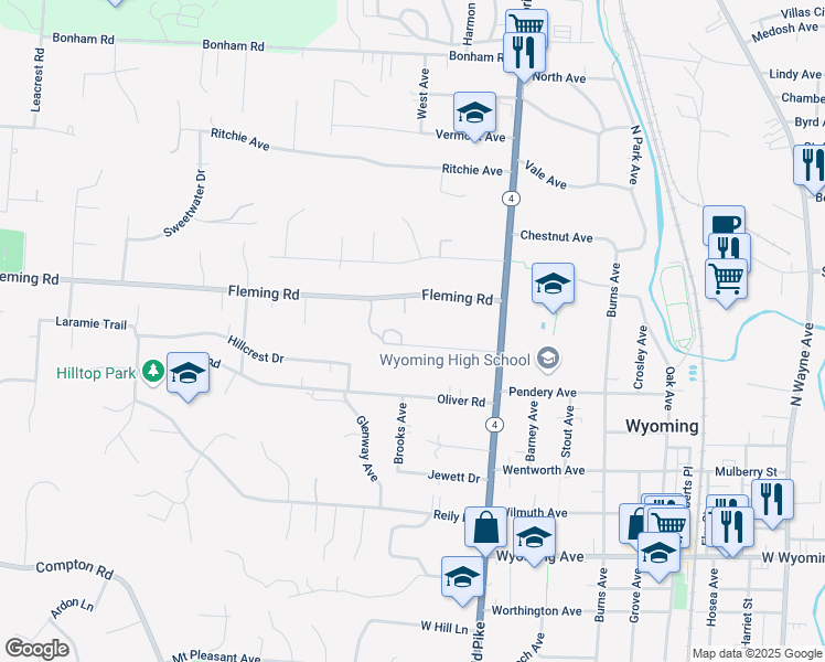 map of restaurants, bars, coffee shops, grocery stores, and more near 80 Central Terrace in Cincinnati