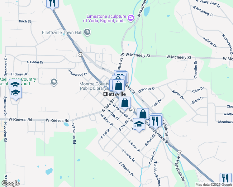 map of restaurants, bars, coffee shops, grocery stores, and more near in Ellettsville
