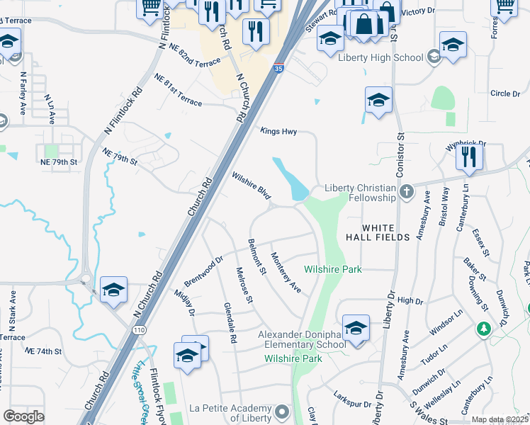 map of restaurants, bars, coffee shops, grocery stores, and more near 209 Belmont Street in Liberty