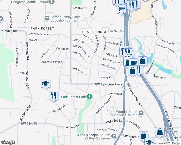 map of restaurants, bars, coffee shops, grocery stores, and more near 7626 Northwest Stoddard Avenue in Kansas City