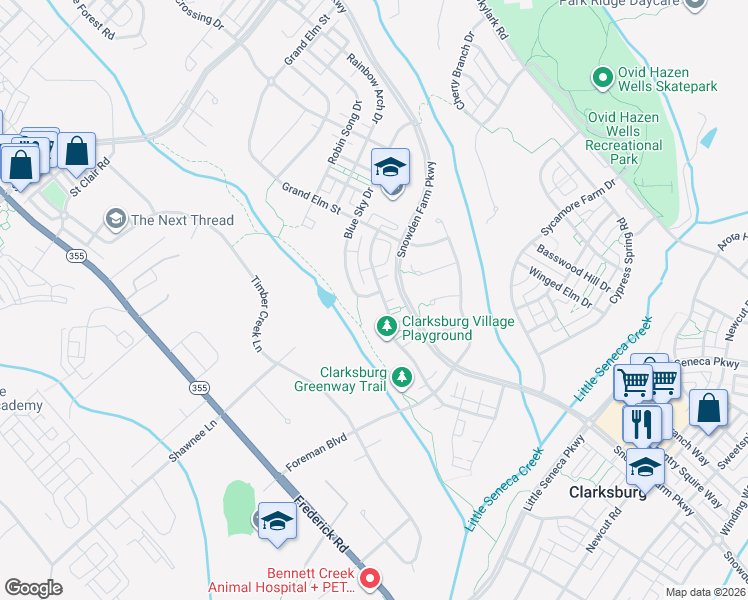 map of restaurants, bars, coffee shops, grocery stores, and more near 12639 Blue Sky Drive in Clarksburg