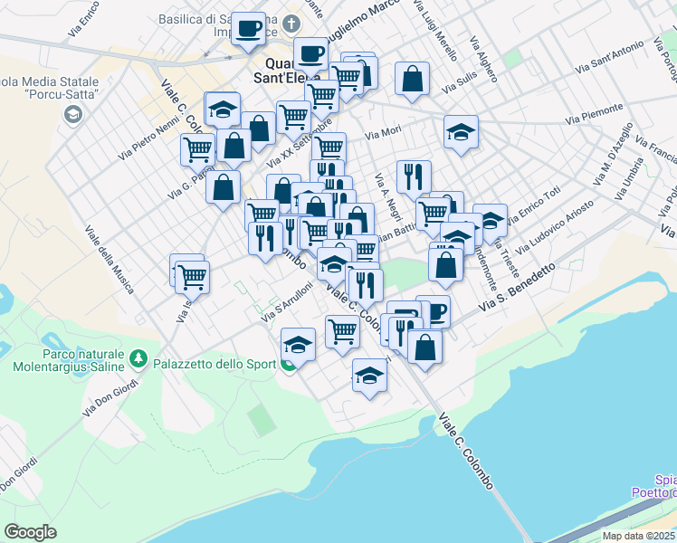 map of restaurants, bars, coffee shops, grocery stores, and more near 60 Via Panzini in Quartu Sant'Elena