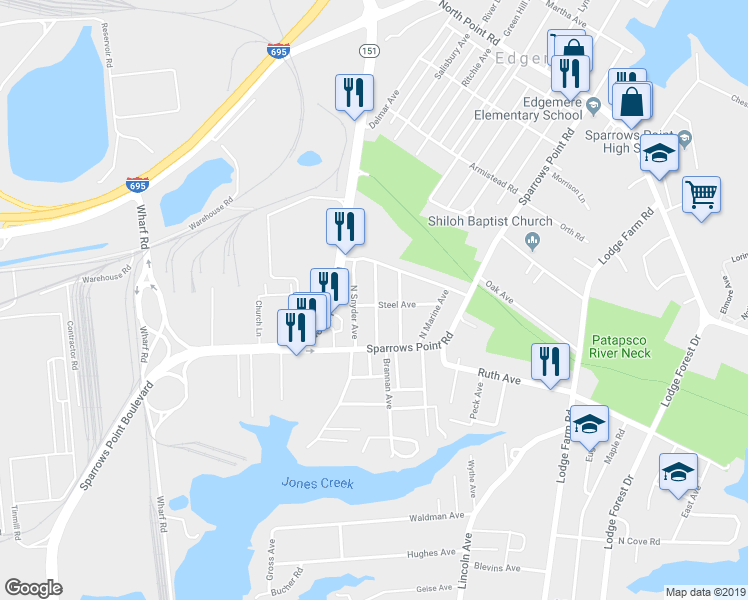 map of restaurants, bars, coffee shops, grocery stores, and more near 2622 Edgemere Avenue in Edgemere