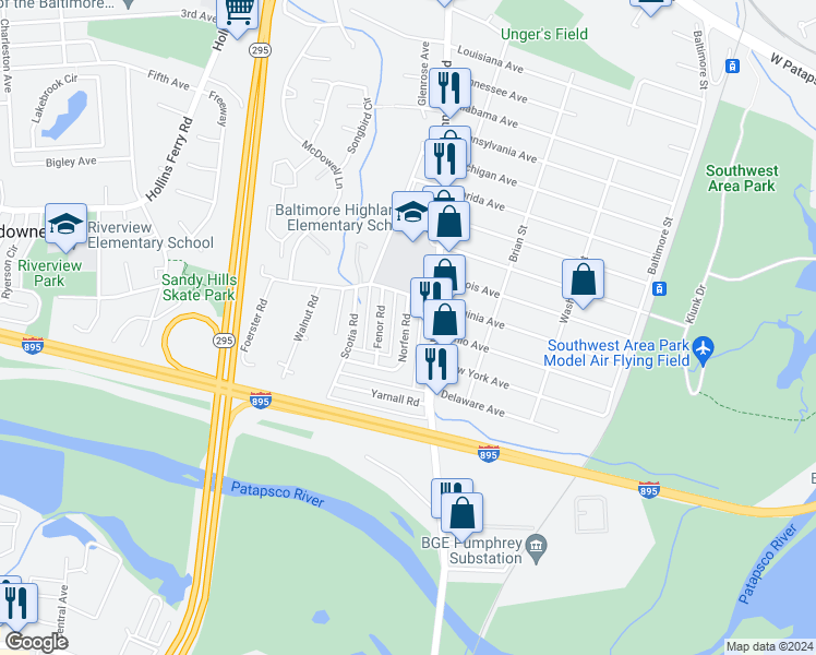 map of restaurants, bars, coffee shops, grocery stores, and more near 4454 Norfen Road in Halethorpe