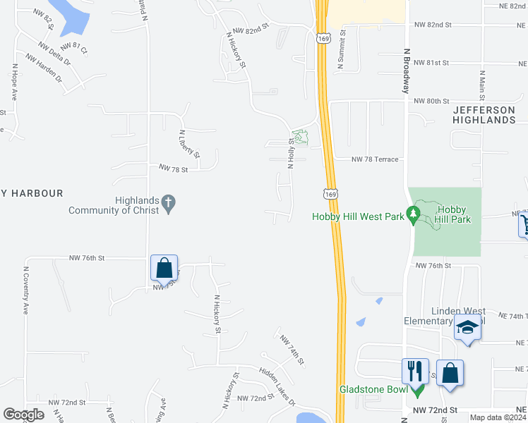 map of restaurants, bars, coffee shops, grocery stores, and more near 1226 Northwest 77th Street in Kansas City