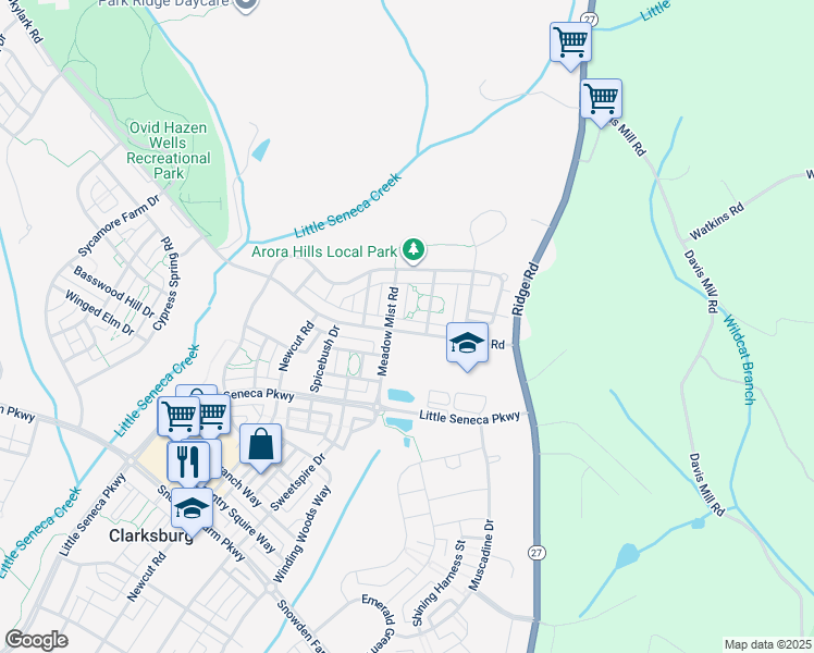 map of restaurants, bars, coffee shops, grocery stores, and more near 11765 Skylark Road in Clarksburg