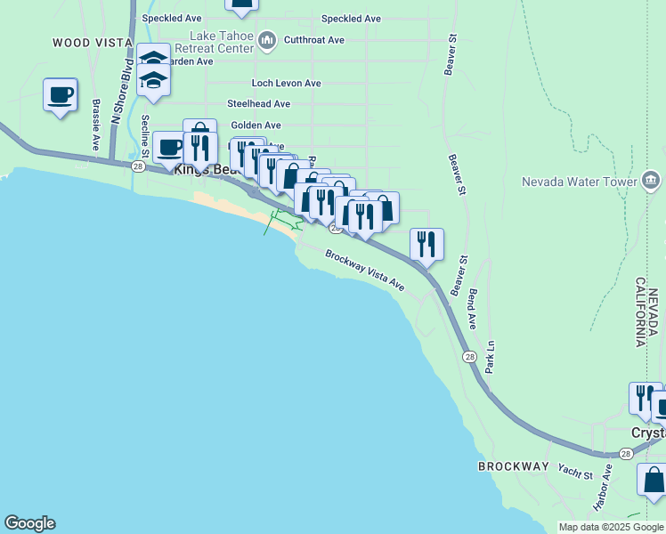 map of restaurants, bars, coffee shops, grocery stores, and more near 8670 Brockway Vista Avenue in Kings Beach