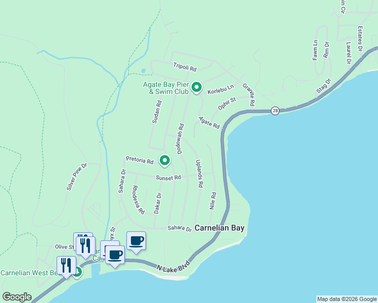 map of restaurants, bars, coffee shops, grocery stores, and more near 5749 Uplands Road in Carnelian Bay