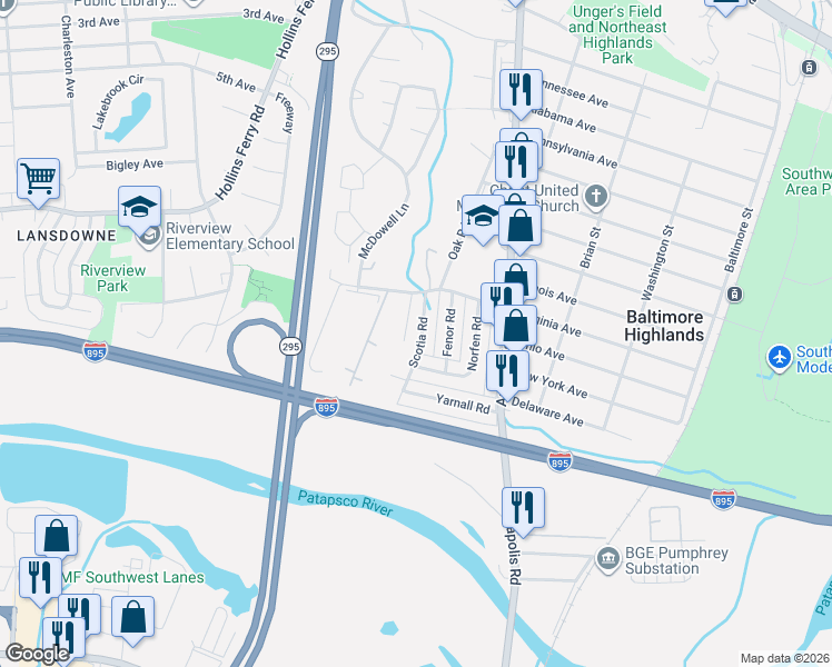 map of restaurants, bars, coffee shops, grocery stores, and more near 4432 Scotia Road in Halethorpe
