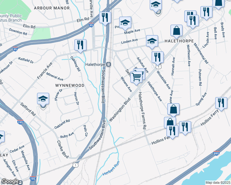 map of restaurants, bars, coffee shops, grocery stores, and more near 1810 Mayfield Avenue in Halethorpe
