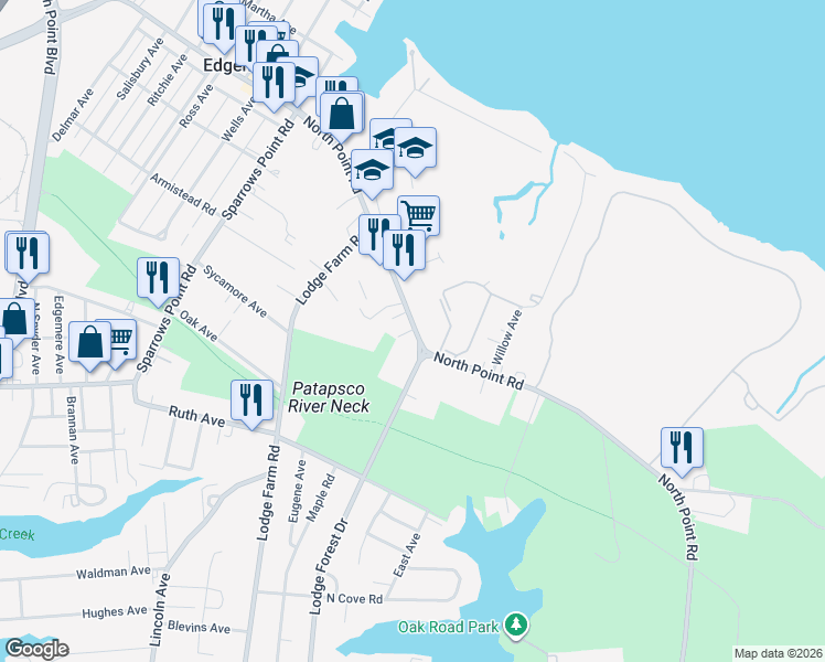 map of restaurants, bars, coffee shops, grocery stores, and more near 7617 Maple Road in Edgemere