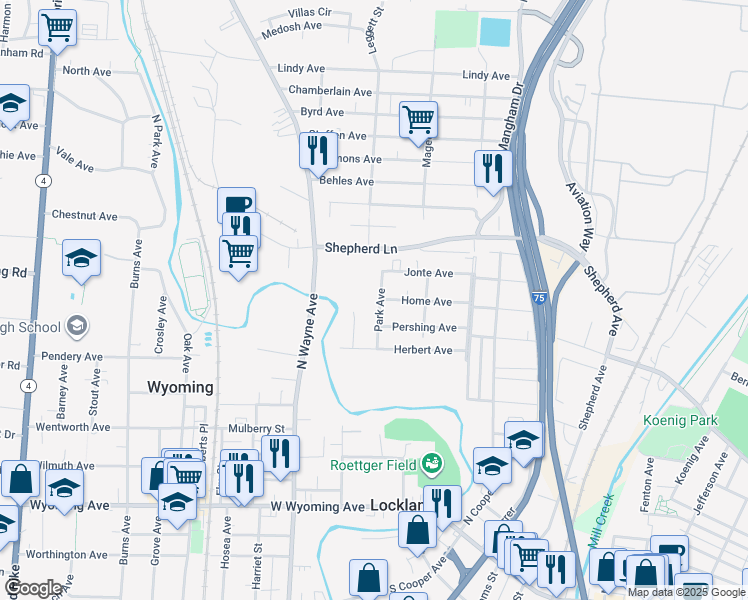 map of restaurants, bars, coffee shops, grocery stores, and more near 413 Park Avenue in Cincinnati