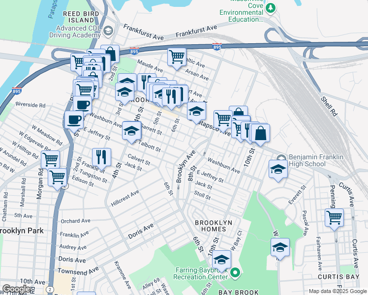 map of restaurants, bars, coffee shops, grocery stores, and more near 624 Washburn Avenue in Baltimore