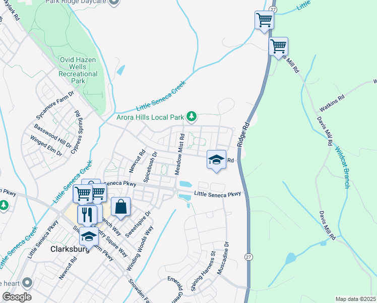 map of restaurants, bars, coffee shops, grocery stores, and more near 11765 Skylark Road in Clarksburg