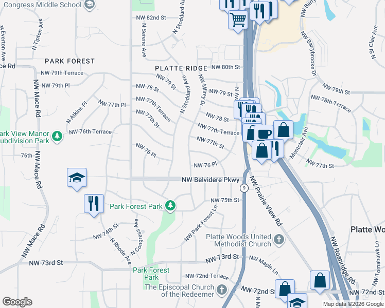 map of restaurants, bars, coffee shops, grocery stores, and more near 7629 Northwest Milrey Drive in Kansas City