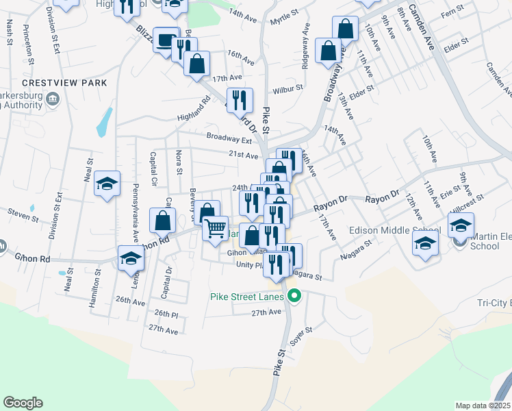 map of restaurants, bars, coffee shops, grocery stores, and more near 2213 Tygart Street in Parkersburg