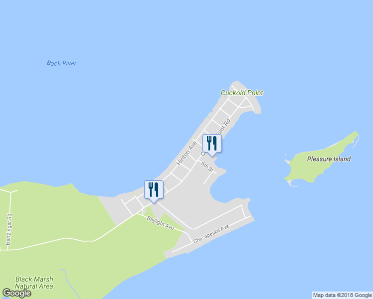 map of restaurants, bars, coffee shops, grocery stores, and more near 9012 Hinton Avenue in Sparrows Point