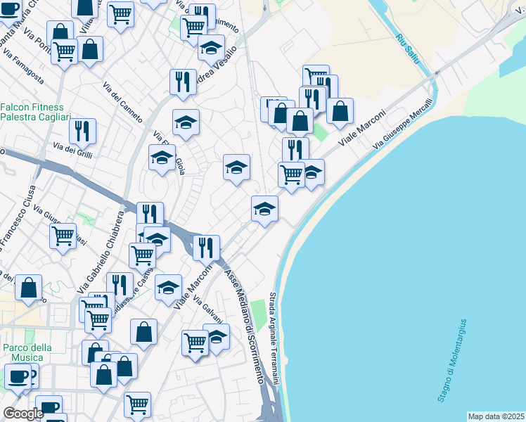 map of restaurants, bars, coffee shops, grocery stores, and more near 402 Viale Marconi in Cagliari
