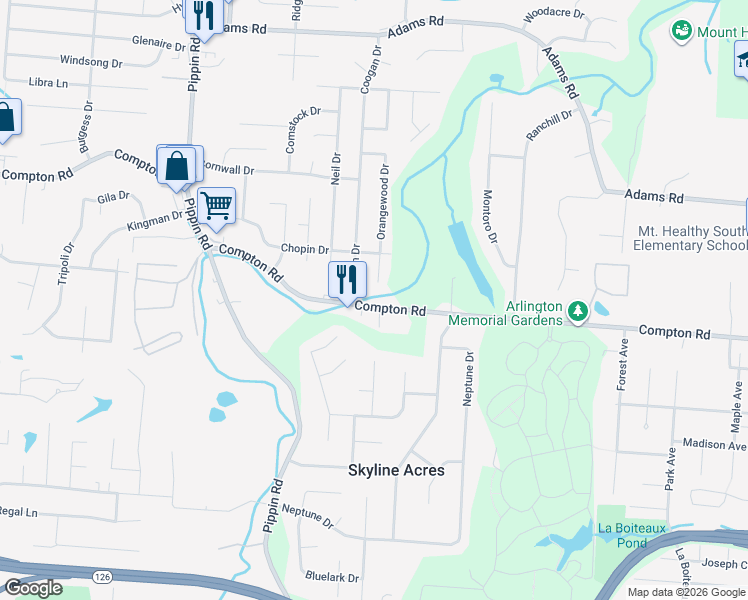 map of restaurants, bars, coffee shops, grocery stores, and more near 2430 Compton Road in Cincinnati