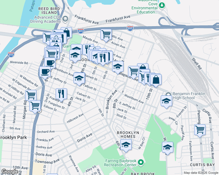 map of restaurants, bars, coffee shops, grocery stores, and more near 624 Washburn Avenue in Baltimore